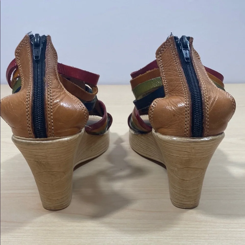 Tan and Red Wedge Sandals with Gladiator Straps